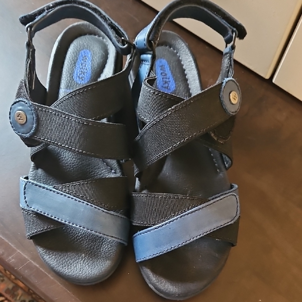 Wolky Black and Blue Sandals, leather and elastic straps.